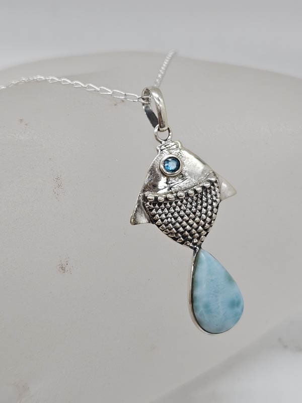 Sterling Silver Natural Larimar Teardrop / Pear Shape with Topaz Fish Pendant on Silver Chain