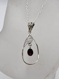Sterling Silver Garnet Oval in Ornate Filigree Teardrop Pendant on Silver Chain