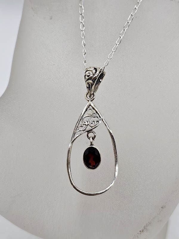 Sterling Silver Garnet Oval in Ornate Filigree Teardrop Pendant on Silver Chain