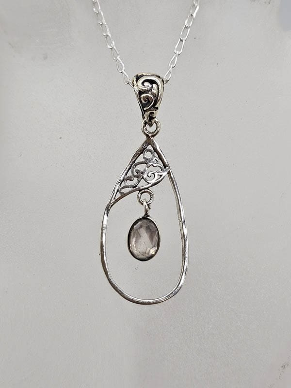 Sterling Silver Moonstone Faceted Oval in Ornate Filigree Teardrop Pendant on Silver Chain