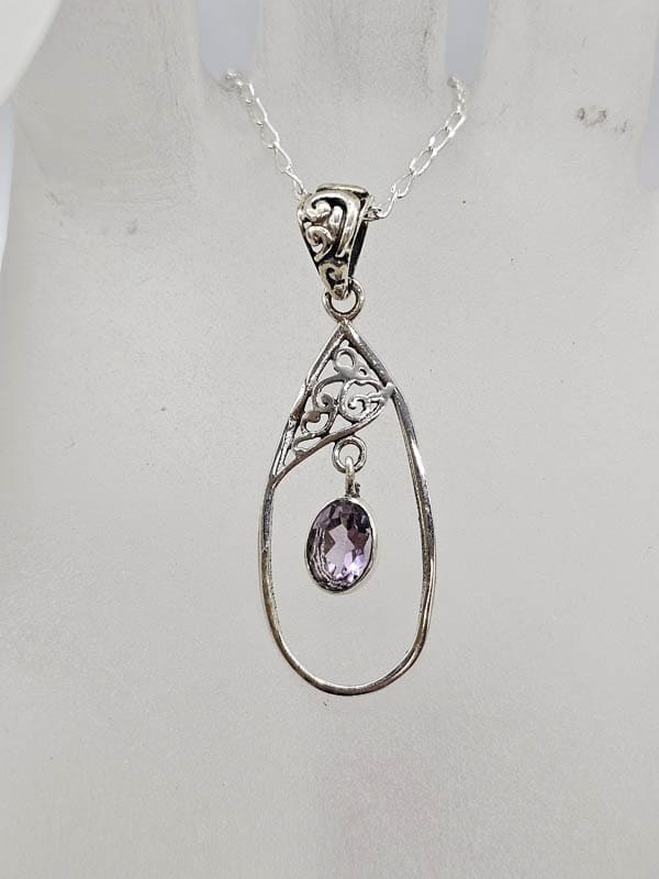 Sterling Silver Amethyst Oval in Ornate Filigree Teardrop Pendant on Silver Chain
