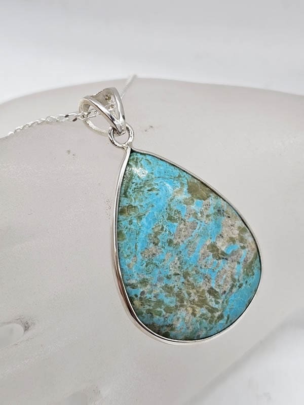 Sterling Silver Natural Turquoise Large Teardrop / Pear Shape Pendant on Silver Chain