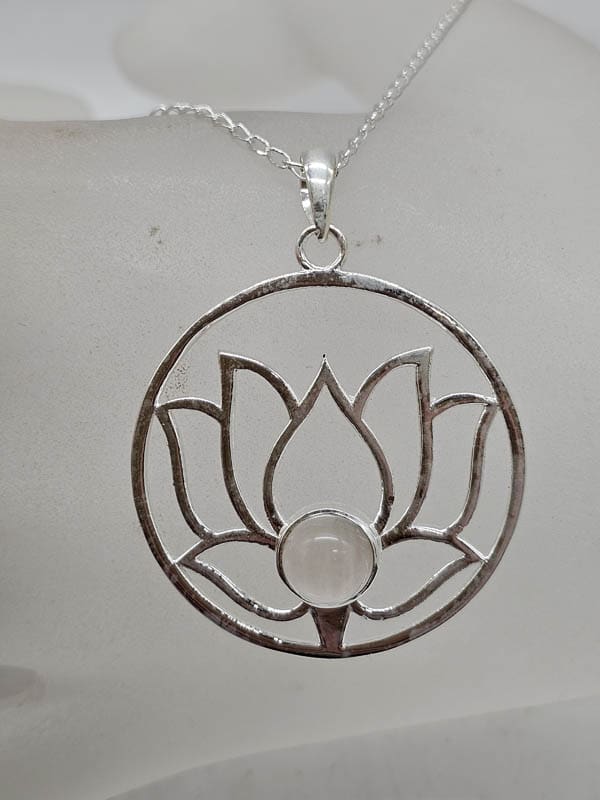 Sterling Silver Rose Quartz Large Round Open Design Lotus Pendant on Silver Chain