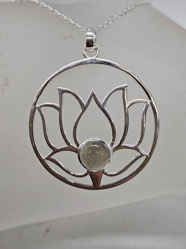 Sterling Silver Labradorite Large Round Open Design Lotus Pendant on Silver Chain