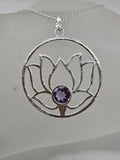 Sterling Silver Amethyst Large Round Open Design Lotus Pendant on Silver Chain