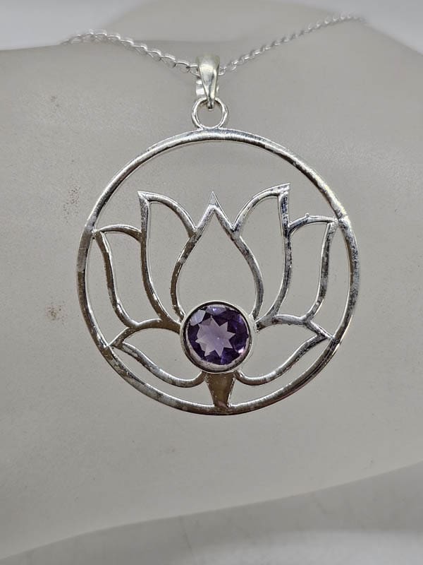 Sterling Silver Amethyst Large Round Open Design Lotus Pendant on Silver Chain