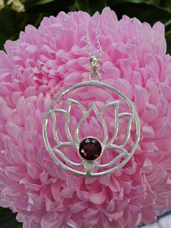 Sterling Silver Garnet Large Round Open Design Lotus Pendant on Silver Chain