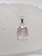 Sterling Silver Rose Quartz Oval Faceted Claw Set Pendant on Silver Chain