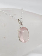 Sterling Silver Rose Quartz Oval Faceted Claw Set Pendant on Silver Chain