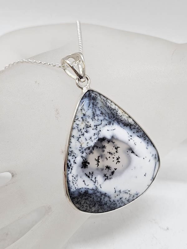 Sterling Silver Dendritic / Dendrite Agate Large Teardrop Pear Shaped Pendant on Silver Chain