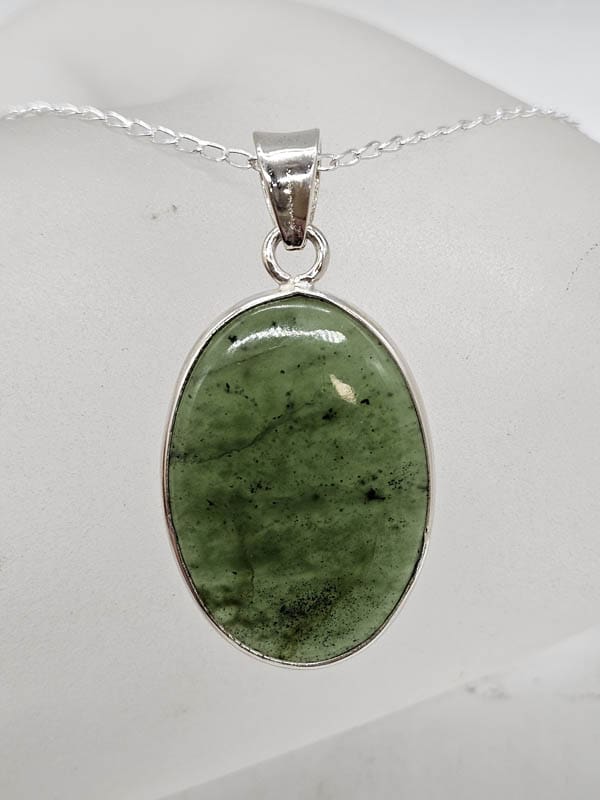 Sterling Silver Nephrite Jade Oval Bezel Set Pendant on Silver Chain