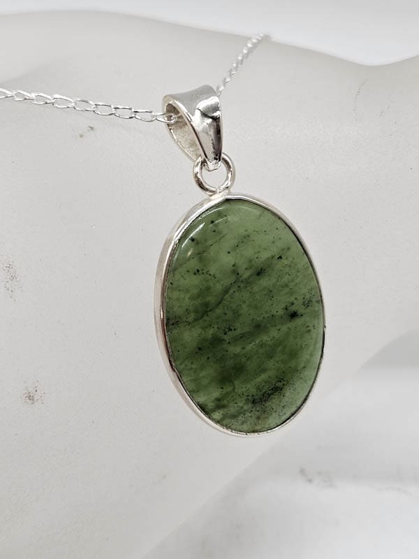 Sterling Silver Nephrite Jade Oval Bezel Set Pendant on Silver Chain