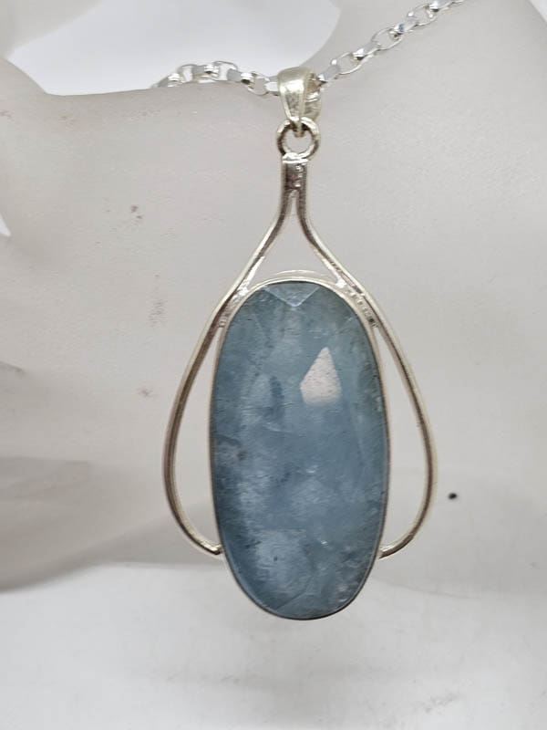 Sterling Silver Aquamarine Large and Long Oblong / Oval Faceted Pendant on Silver Chain