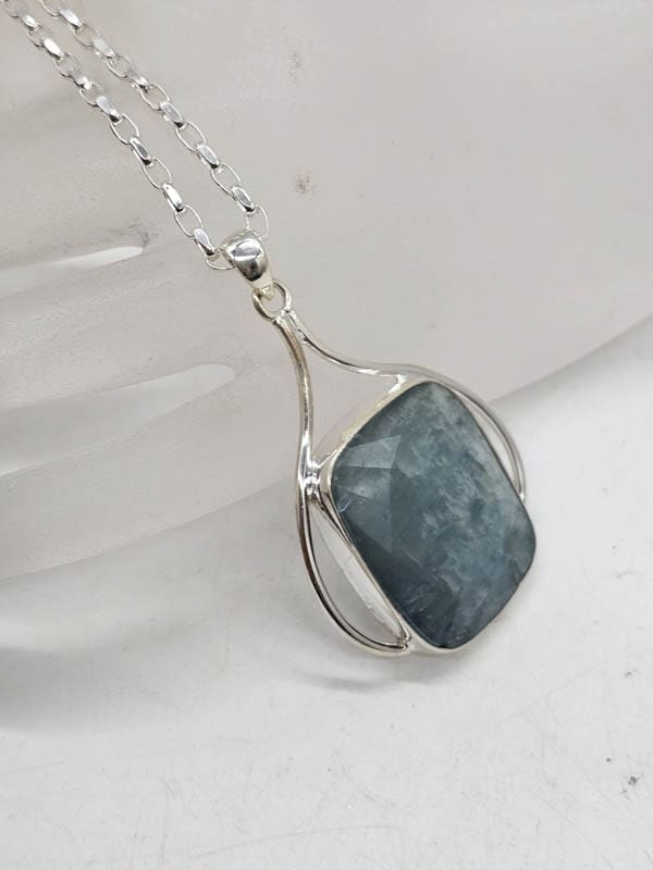 Sterling Silver Aquamarine Large Square / Rectangular Faceted Pendant on Silver Chain