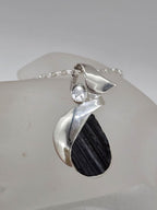 Sterling Silver Black Tourmaline Teardrop / Pear Shape with Clear Crystal Quartz Pendant on Silver Chain