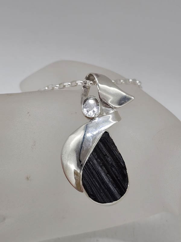 Sterling Silver Black Tourmaline Teardrop / Pear Shape with Clear Crystal Quartz Pendant on Silver Chain