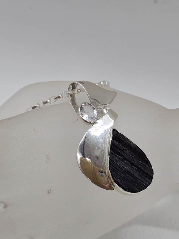 Sterling Silver Black Tourmaline Teardrop / Pear Shape with Clear Crystal Quartz Pendant on Silver Chain