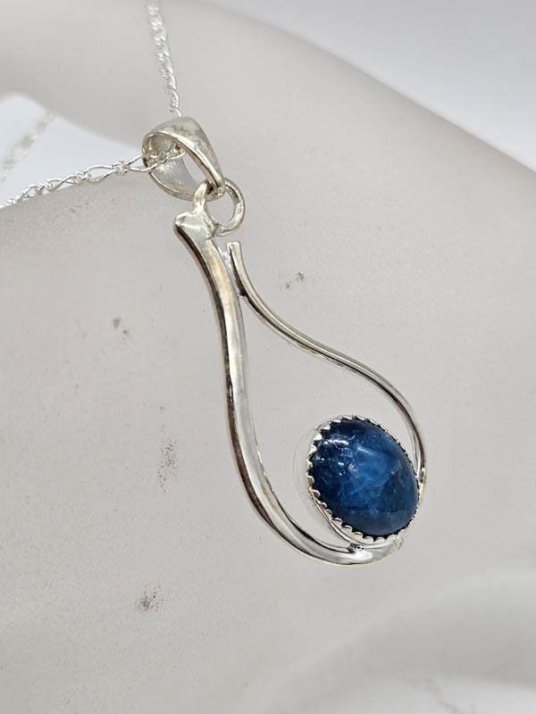 Sterling Silver Blue Apatite Oval Cabochon Cut Curved Pendant on Silver Chain