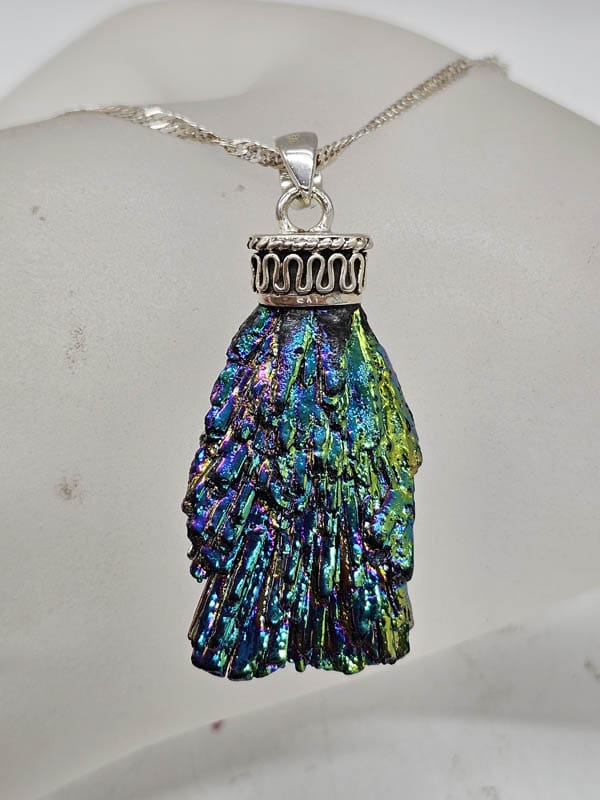 Sterling Silver Black Titanium Kyanite Long Multi-Colour Pendant on Silver Chain