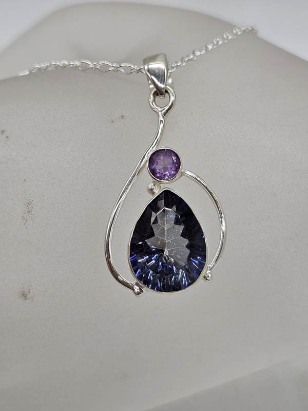 Sterling Silver Mystic Quartz / Mystic Topaz Teardrop with Amethyst Pendant on Silver Chain