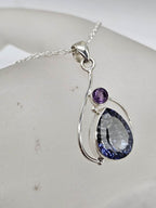 Sterling Silver Mystic Quartz / Mystic Topaz Teardrop with Amethyst Pendant on Silver Chain