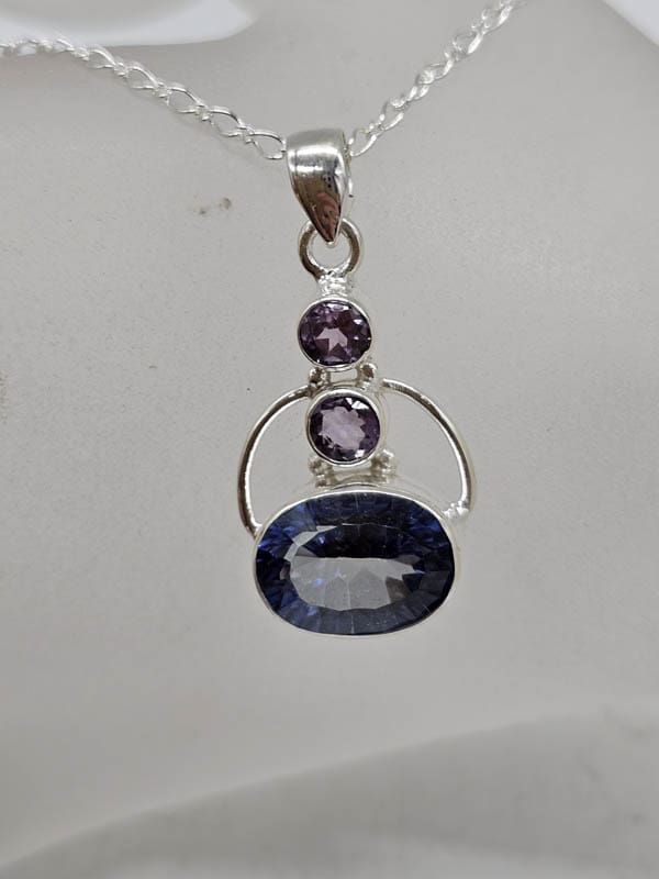 Sterling Silver Mystic Quartz / Mystic Topaz Oval with Amethyst Pendant on Silver Chain