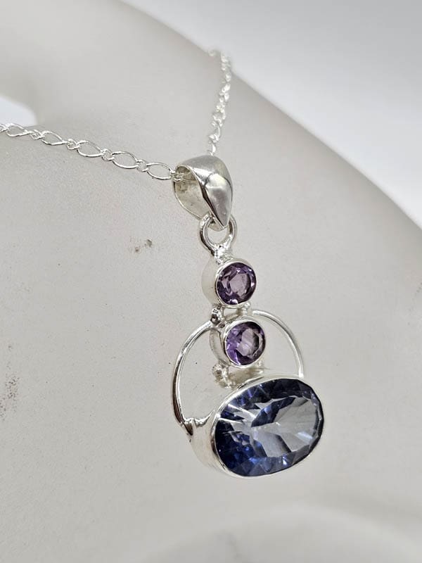 Sterling Silver Mystic Quartz / Mystic Topaz Oval with Amethyst Pendant on Silver Chain