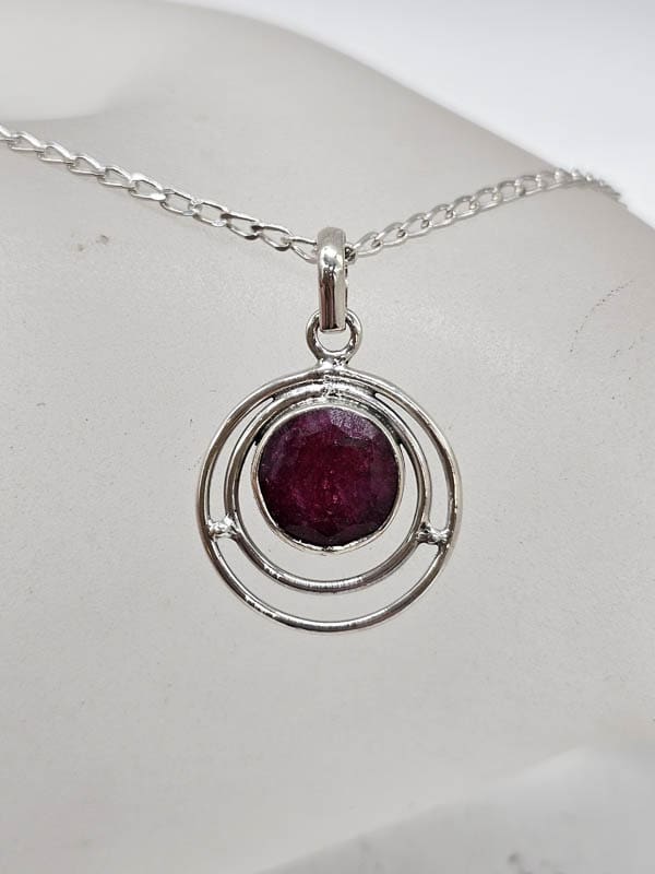 Sterling Silver Ruby Round / Circle Pendant on Silver Chain