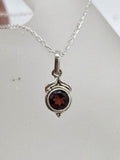 Sterling Silver Garnet Dainty Round Pendant on Silver Chain