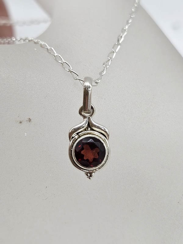 Sterling Silver Garnet Dainty Round Pendant on Silver Chain