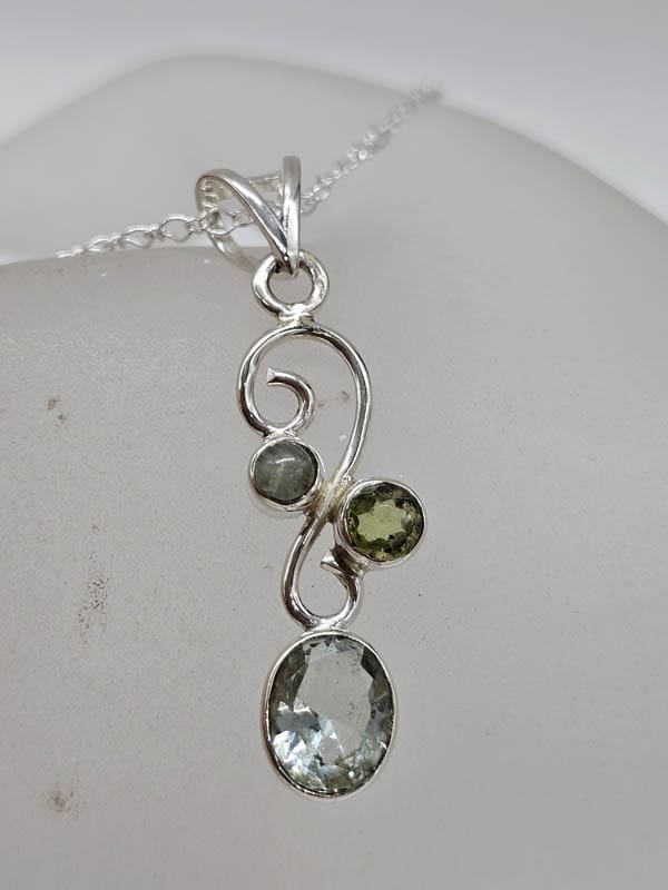 Sterling Silver Green Amethyst / Prasiolite and Peridot Oval and Round on Curved Twist Pendant  on Silver Chain