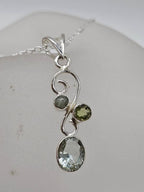 Sterling Silver Green Amethyst / Prasiolite and Peridot Oval and Round on Curved Twist Pendant  on Silver Chain