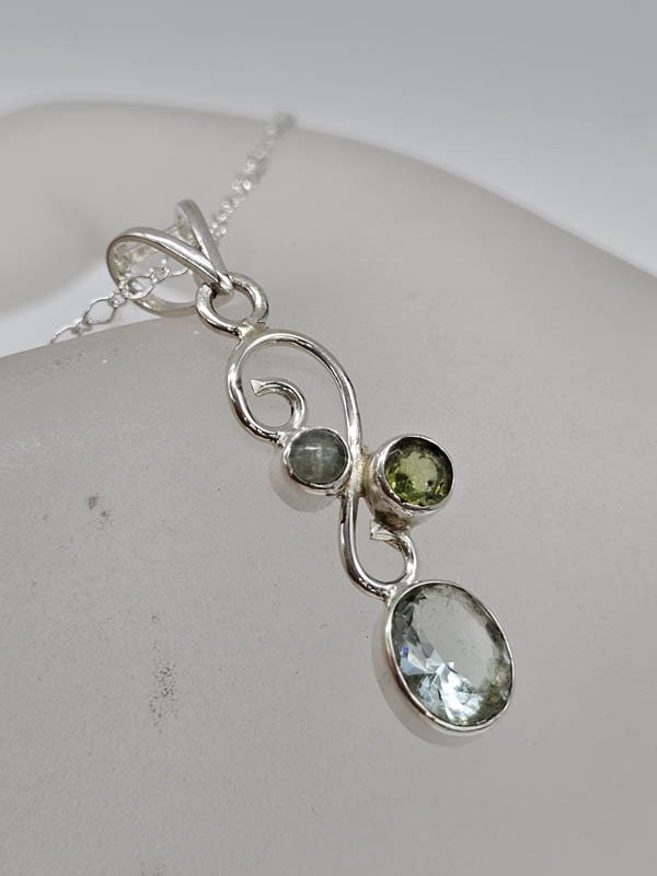 Sterling Silver Green Amethyst / Prasiolite and Peridot Oval and Round on Curved Twist Pendant  on Silver Chain