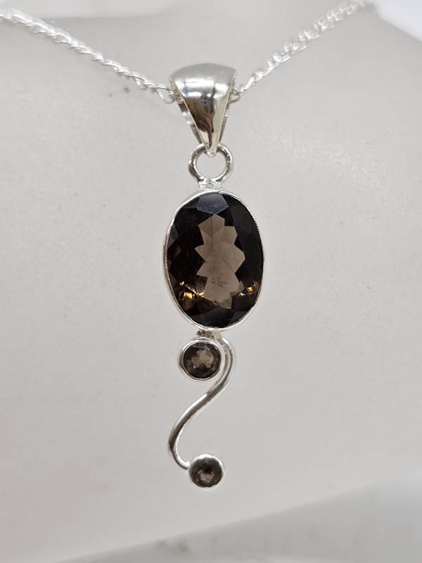 Sterling Silver Smokey Quartz Oval and Round on Curved Twist Pendant on Silver Chain
