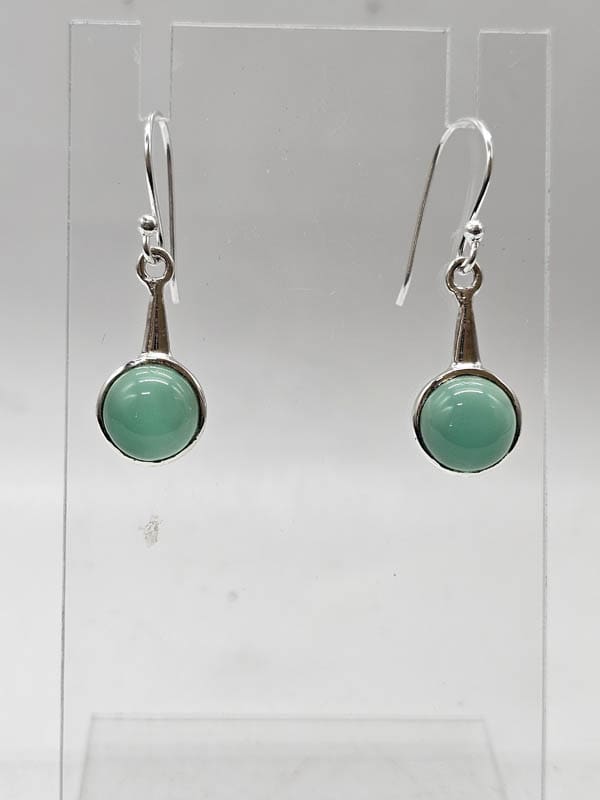 Sterling Silver Green Onyx / Agate Round Bezel Set on Drop Earrings