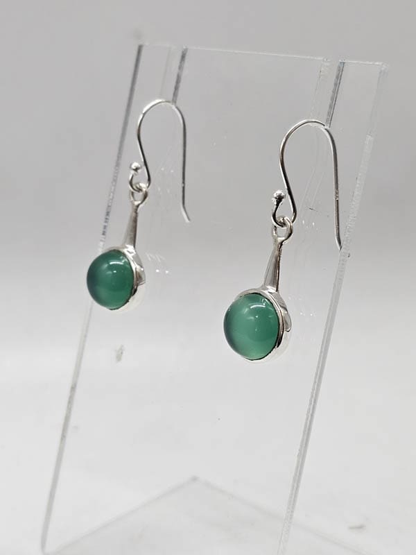 Sterling Silver Green Onyx / Agate Round Bezel Set on Drop Earrings
