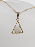 9ct Yellow Gold Solid White Opal Oval Stone in Triangular Shape Pendant on Gold Chain - Antique / Vintage