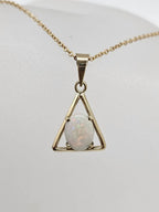 9ct Yellow Gold Solid White Opal Oval Stone in Triangular Shape Pendant on Gold Chain - Antique / Vintage