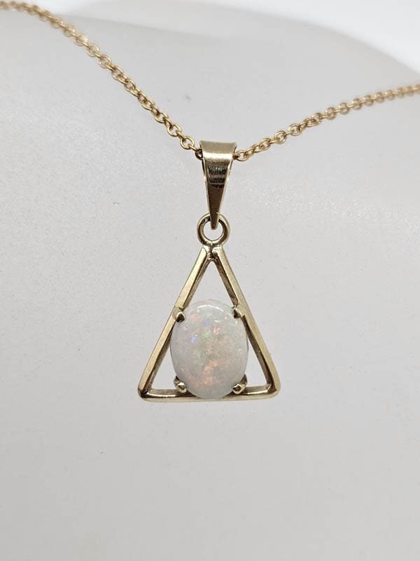 9ct Yellow Gold Solid White Opal Oval Stone in Triangular Shape Pendant on Gold Chain - Antique / Vintage