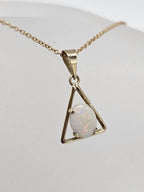 9ct Yellow Gold Solid White Opal Oval Stone in Triangular Shape Pendant on Gold Chain - Antique / Vintage