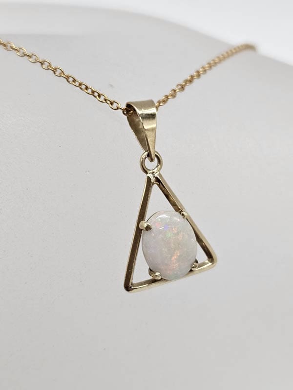 9ct Yellow Gold Solid White Opal Oval Stone in Triangular Shape Pendant on Gold Chain - Antique / Vintage