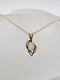 9ct Yellow Gold Solid White Opal Oval Stone in Leaf Shape Pendant on Gold Chain - Antique / Vintage