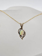 9ct Yellow Gold Solid White Opal Oval Stone in Leaf Shape Pendant on Gold Chain - Antique / Vintage