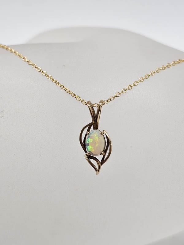 9ct Yellow Gold Solid White Opal Oval Stone in Leaf Shape Pendant on Gold Chain - Antique / Vintage
