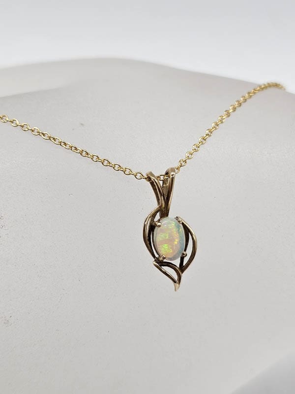 9ct Yellow Gold Solid White Opal Oval Stone in Leaf Shape Pendant on Gold Chain - Antique / Vintage