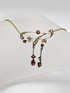 9ct Yellow Gold Ornate Red Paste with Seedpearl Necklace / Chain - Vintage