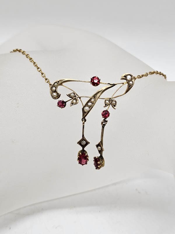 9ct Yellow Gold Ornate Red Paste with Seedpearl Necklace / Chain - Vintage