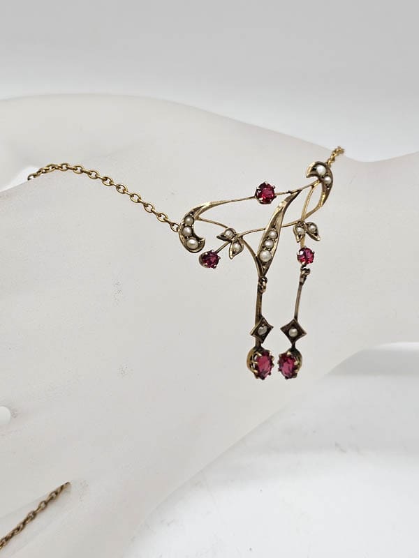 9ct Yellow Gold Ornate Red Paste with Seedpearl Necklace / Chain - Vintage