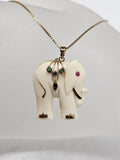 9ct Yellow Gold Carved Elephant with Stones Pendant on Gold Chain - Antique / Vintage