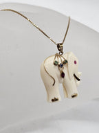 9ct Yellow Gold Carved Elephant with Stones Pendant on Gold Chain - Antique / Vintage